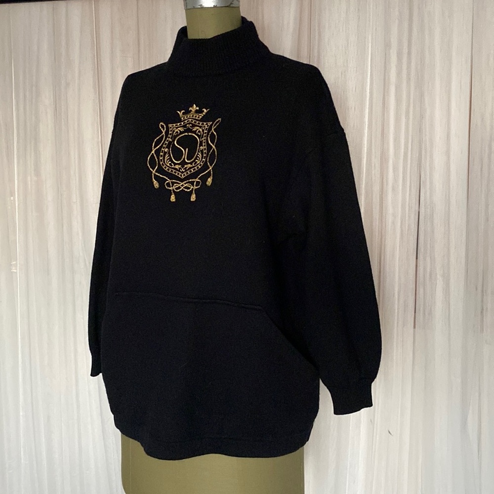 St-John by Marie Gray black mock neck, wool sweater! Gold embroidery, Size L